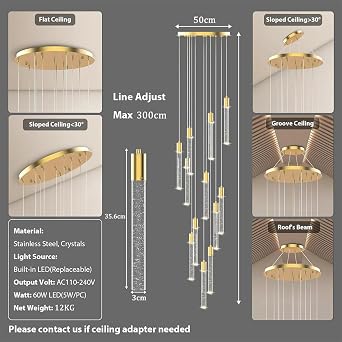 Large Crystal Chandelier Spiral Staircase Pendant Light LED Bubble K9 Crystal Long Light bar Modern high Ceiling Lighting dimmable Round Hanging Lamp Entrance Staircase Foyer Villa