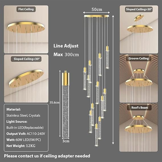 Large Crystal Chandelier Spiral Staircase Pendant Light LED Bubble K9 Crystal Long Light bar Modern high Ceiling Lighting dimmable Round Hanging Lamp Entrance Staircase Foyer Villa