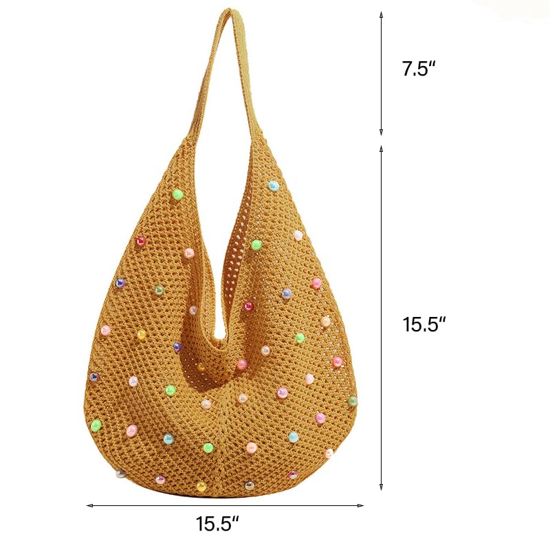 Image of Boho Crochet Beach Tote Shoulder Bag with Colored Beads | Colorful Aesthetic Hippie Knit Bag for Women