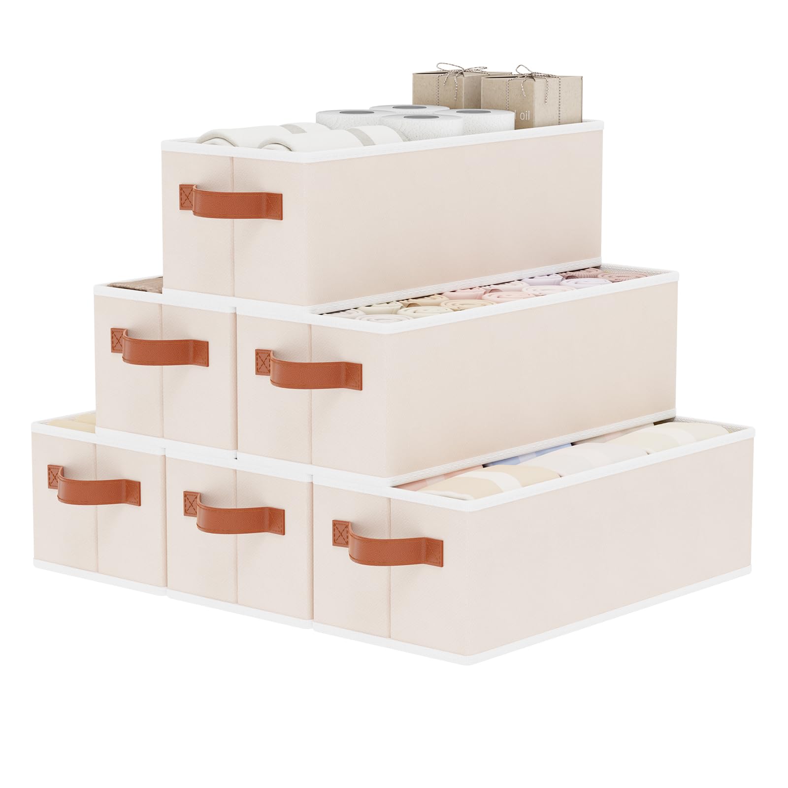 OUTBROS 6 Stück Aufbewahrungskörbe, 38x15.5x13cm Faltboxen, Beige | Aufbewahrungsbox Stoff, Boxen Aufbewahrung mit Griff Ordnungsboxen, Kleiderschrank organizer, Schubladen