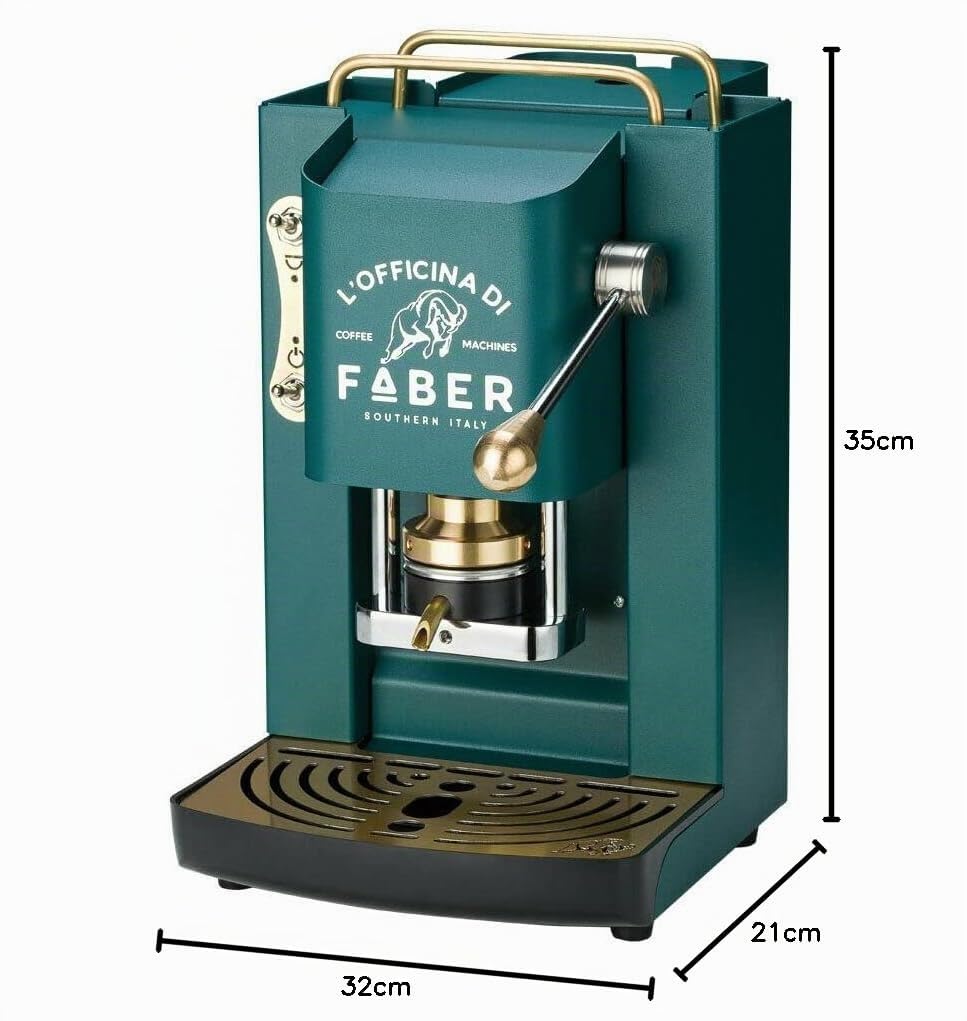 Macchina caffè a Cialde ese Filtro Carta 44mm Faber Pro Deluxe Verde Scuro British con Rifiniture in Ottone con 50 cialde Omaggio Emporio del caffè