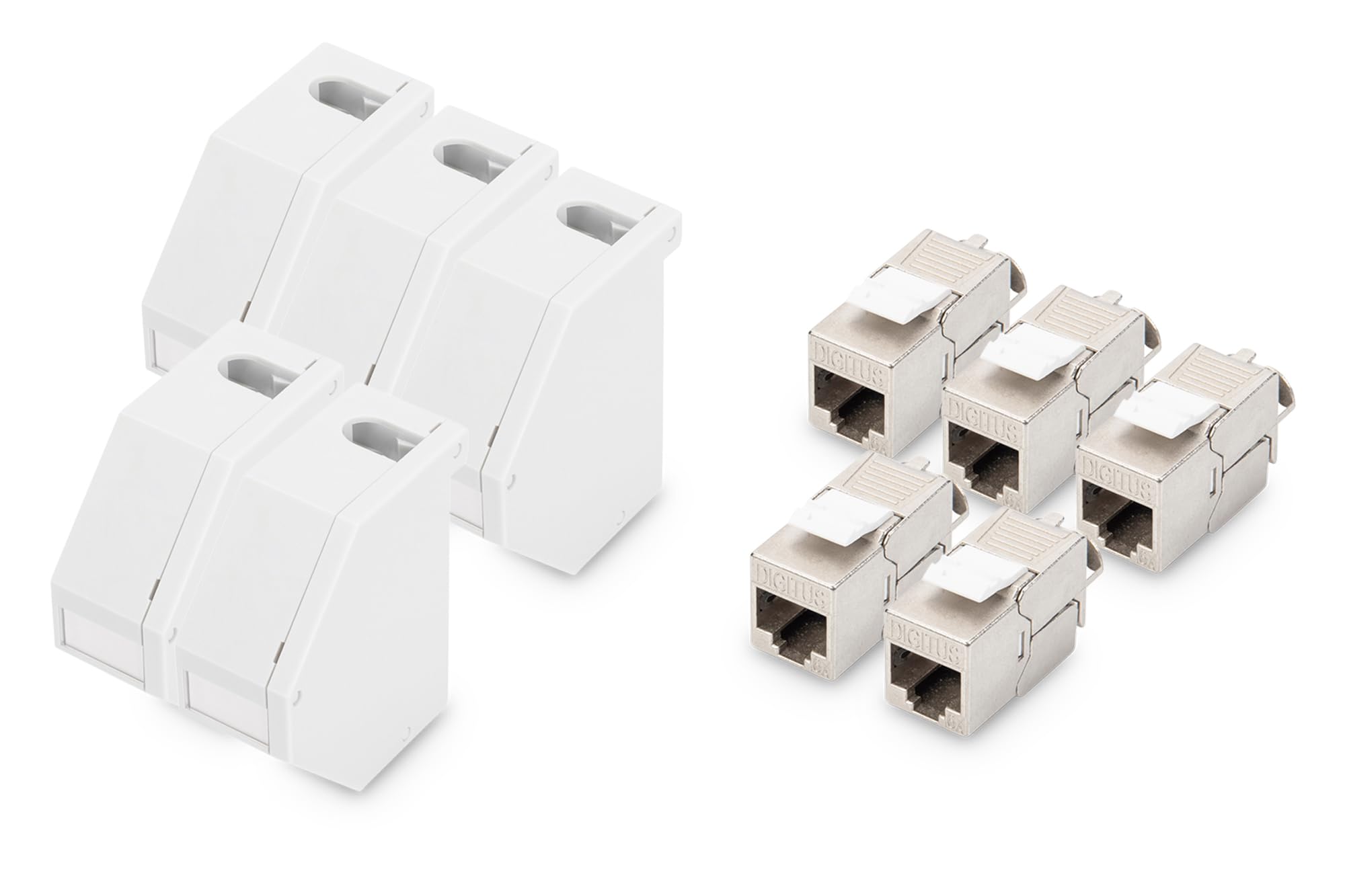 DIGITUS Hutschienen-Adapter – 5 Stück – Mit 5x Cat6A Keystone-Modul – 45° Gewinkelt – Beschriftungsfeld – Mit Erdungsfeder – Grau