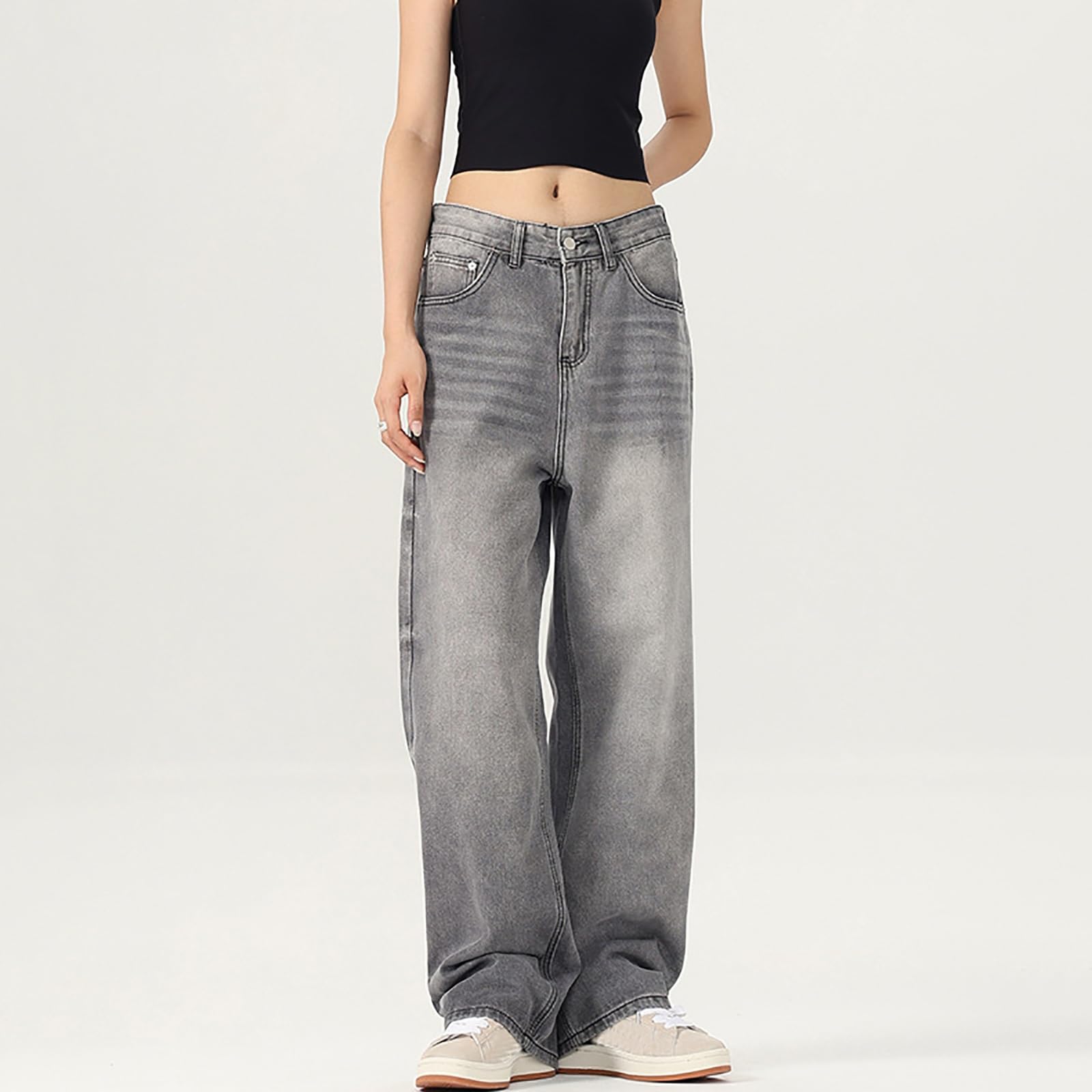 Damskie Dżinsy Proste Luźne Spodnie Cargo z Niskim Stanem Szerokie Nogawki Spodnie Boyfriend Luźne Spodnie Rekreacyjne Dżinsy Wiosenne Streetwear Dżinsy Cargo Szare Sprane