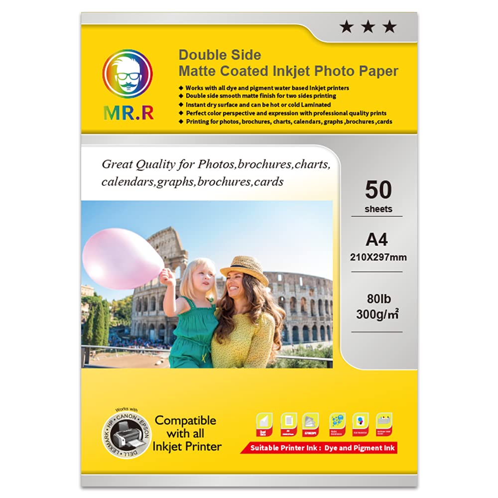 MR.R Double Side Matte Coated Inkjet Photo Paper 300gsm for EP Inkjet Printers,A4 210 x 297mm 50 Sheets per Pack