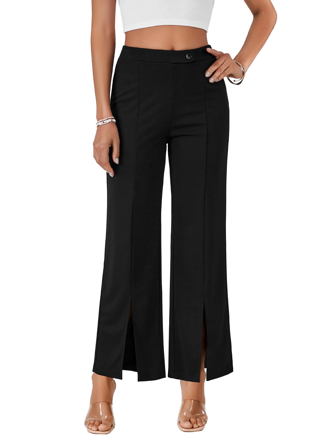 LYANER Womens Bootcut Slit Front Stretchy Straight Trousers Casual Slacks Dress Pants