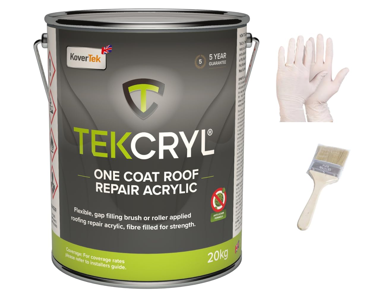 KoverTek TekCryl Acrylic Roofing - Leaking Roof Repair - Fibre Reinforced - 20kg Grey Kit