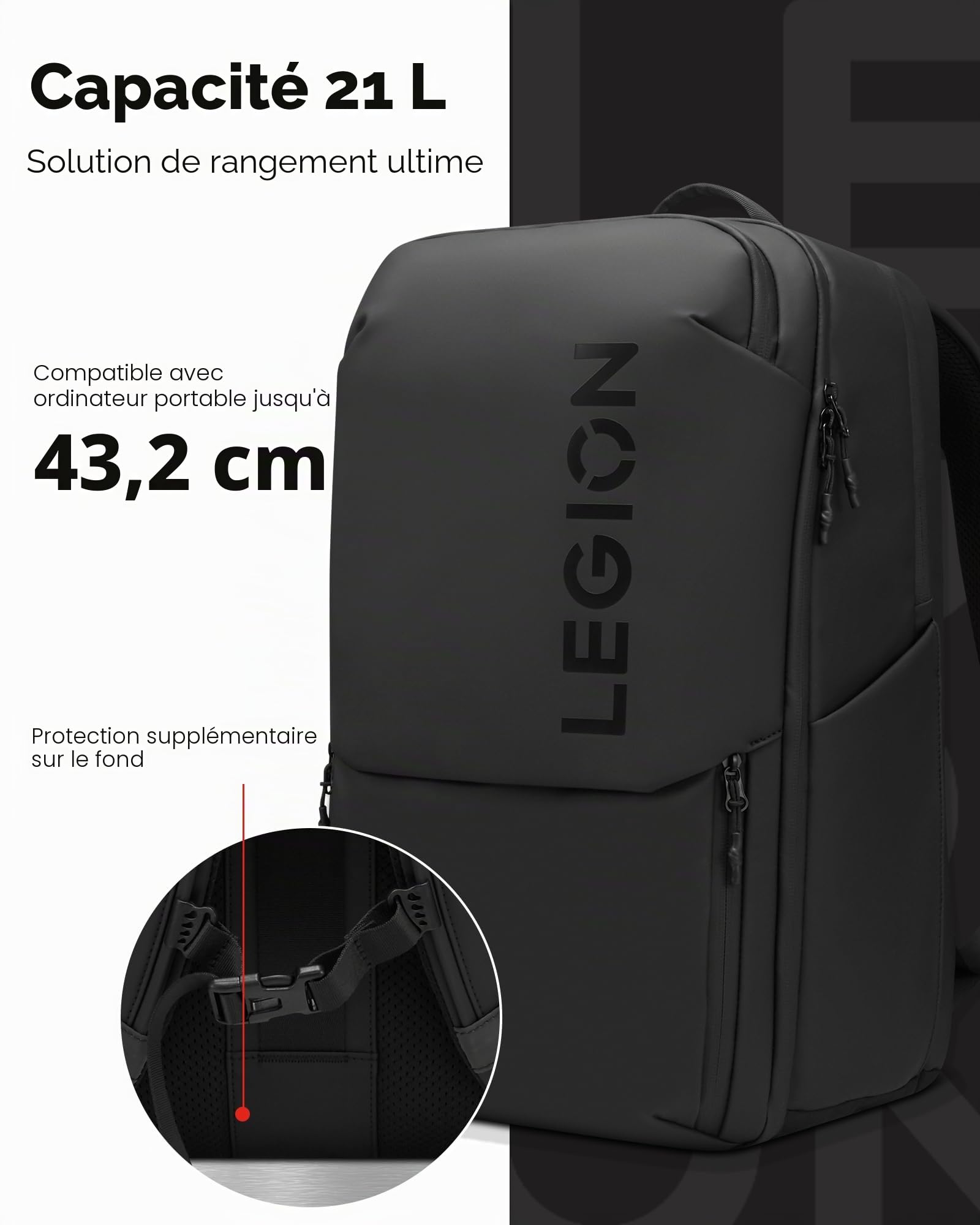 Lenovo - Sac à dos Gaming Legion 17" GB800 (étanche, capacité jusqu'à 21 litres, ouverture à 180°, poches pour ordinateur, tablette, bouteilles d'eau, sangles ergonomiques) - Couleur noire