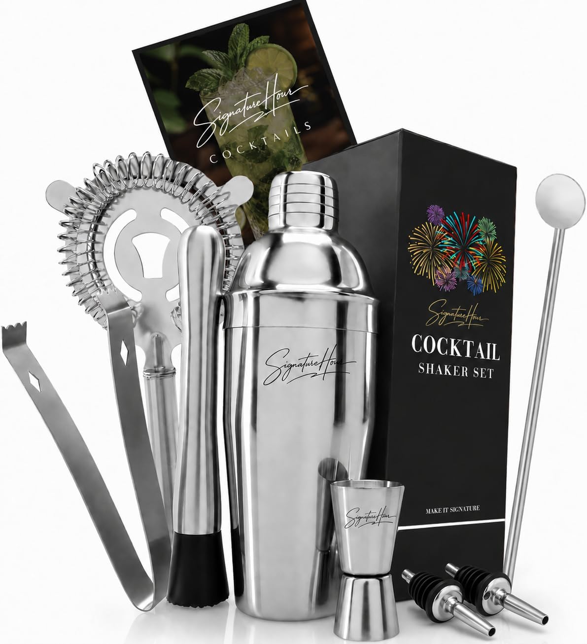 Cocktail Shaker Set – SignatureHour 24 oz Stainless Steel 9-Piece Bartender Kit Jigger, Strainer, Spoon, Muddler, Pourers & Recipe Book – Gift for Birthdays, Christmas & Housewarmings