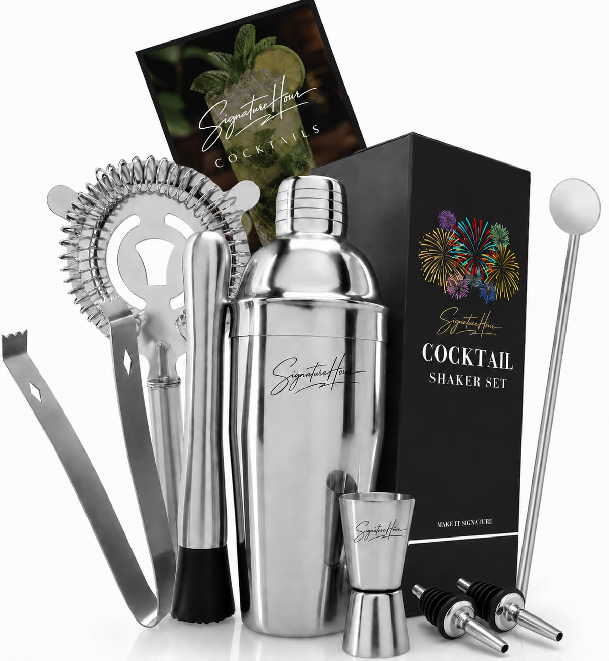 Cocktail Shaker Set – SignatureHour 24 oz Stainless Steel 9-Piece Bartender Kit Jigger, S…