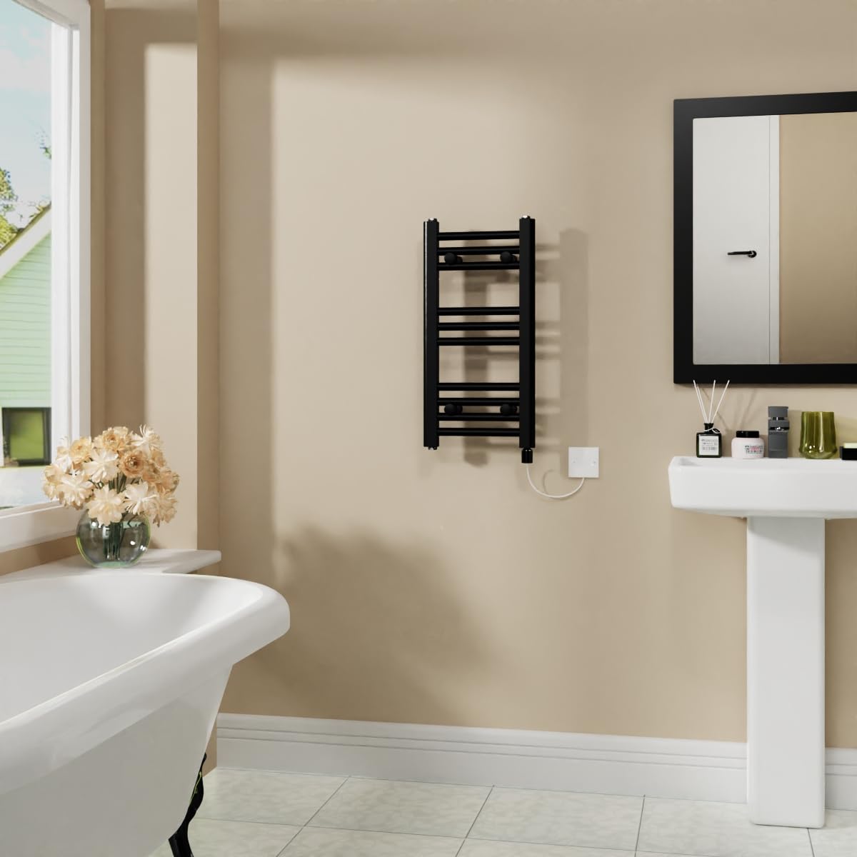 Warmehaus Black 200W Electric Heated Warming Towel Rail Bathroom Radiator - 600X300mm