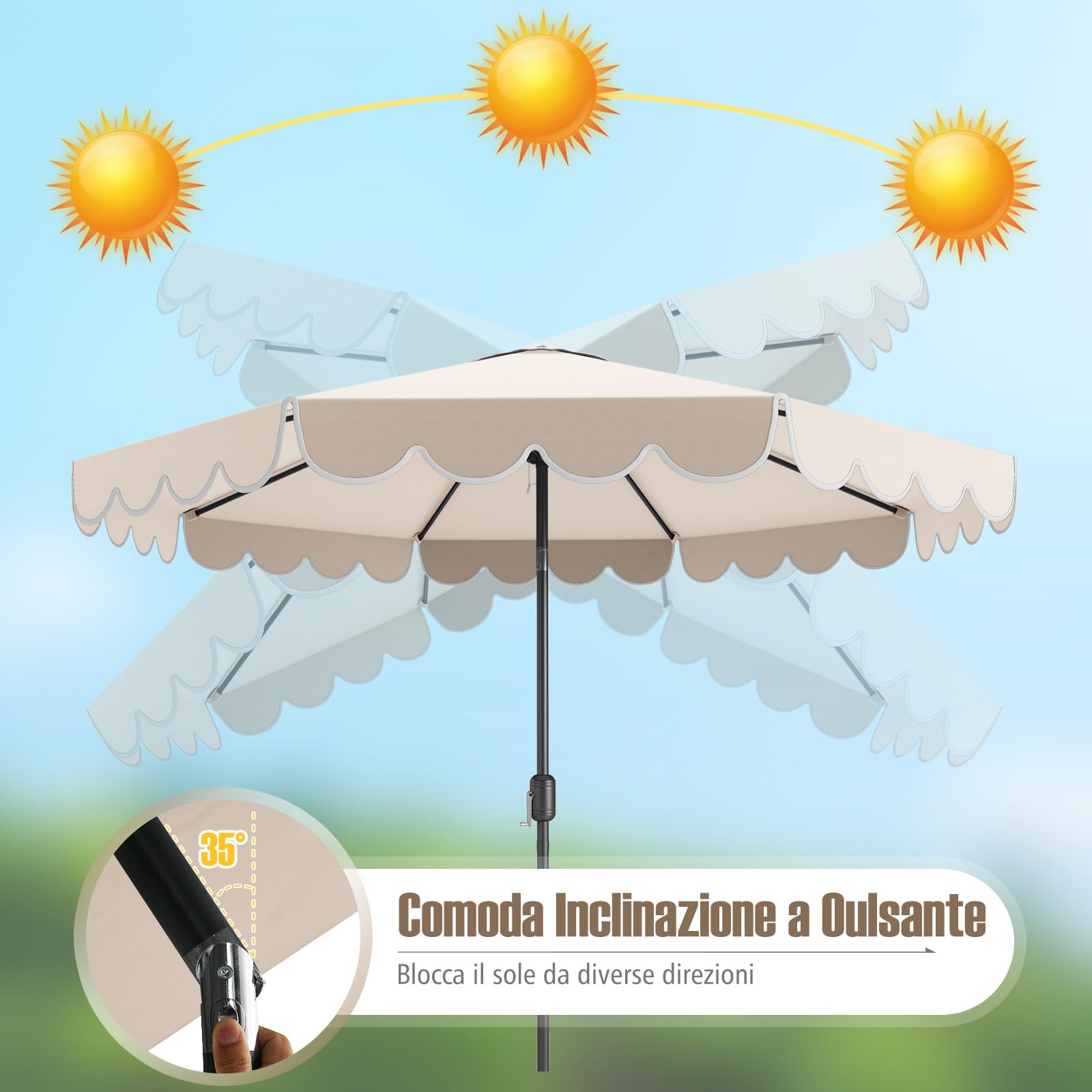 COSTWAY Ombrellone da Giardino 300 cm, con Inclinazione Regolabile, Anti-UV, Manovella, 8 Stecche, Top Ventilato, per Giardino Piscina Patio (Beige)