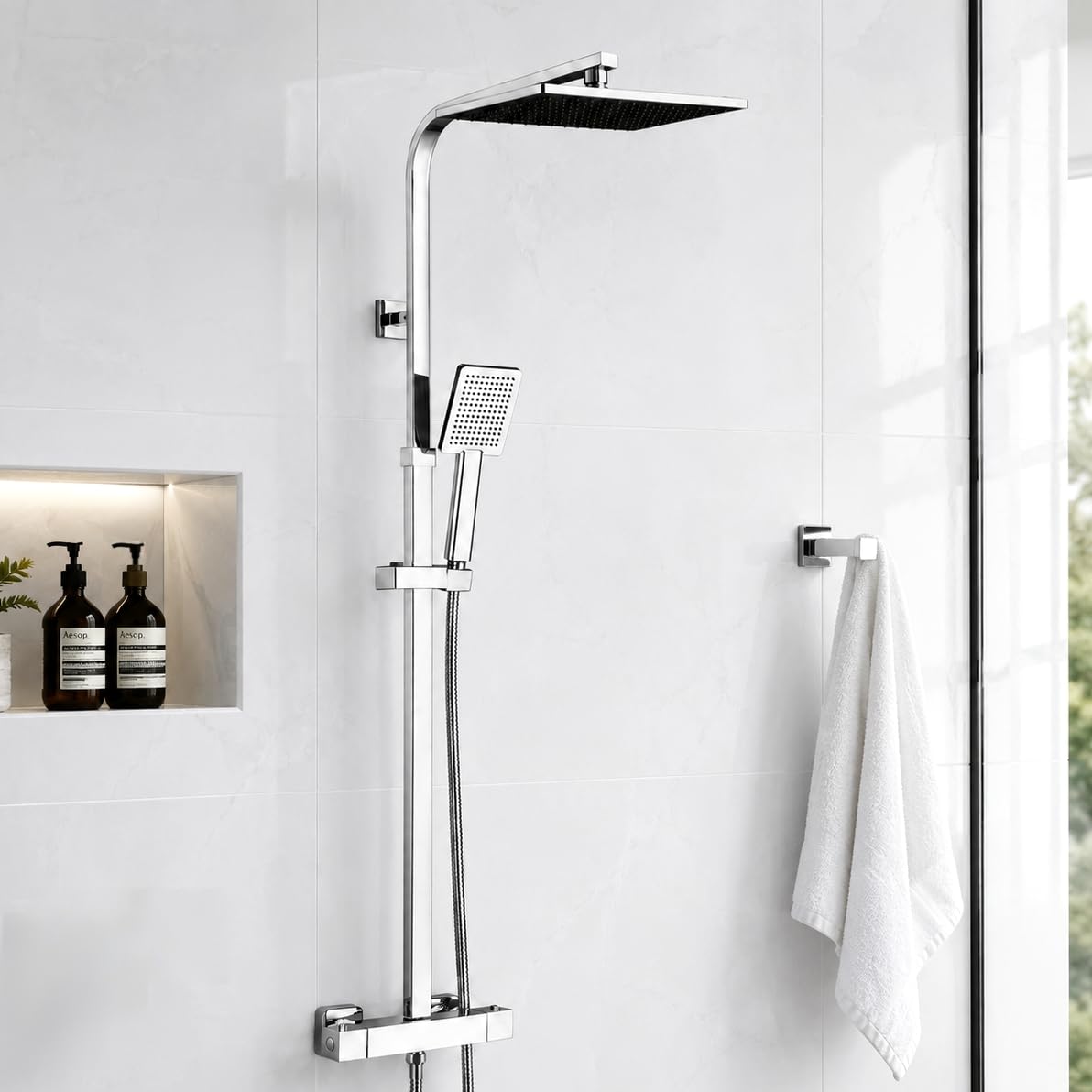 Auralum Regendusche Komplettset mit Thermostat, Duschsystem, Duschgarnitur Messing Armatur