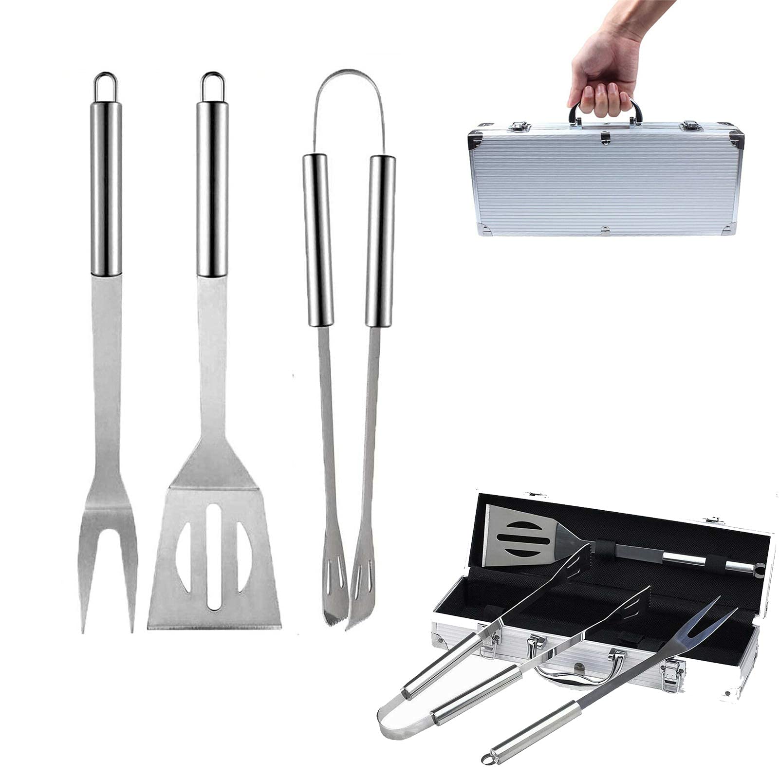 BBQ Grill Przybory kuchenne (3 szt.), Narzędzia do grillowania ze stali nierdzewnej Zestaw narzędzi do grilla, w tym szczypce Widelec łopatkowy z aluminiowym futerałem do gotowania, grill na podwórku