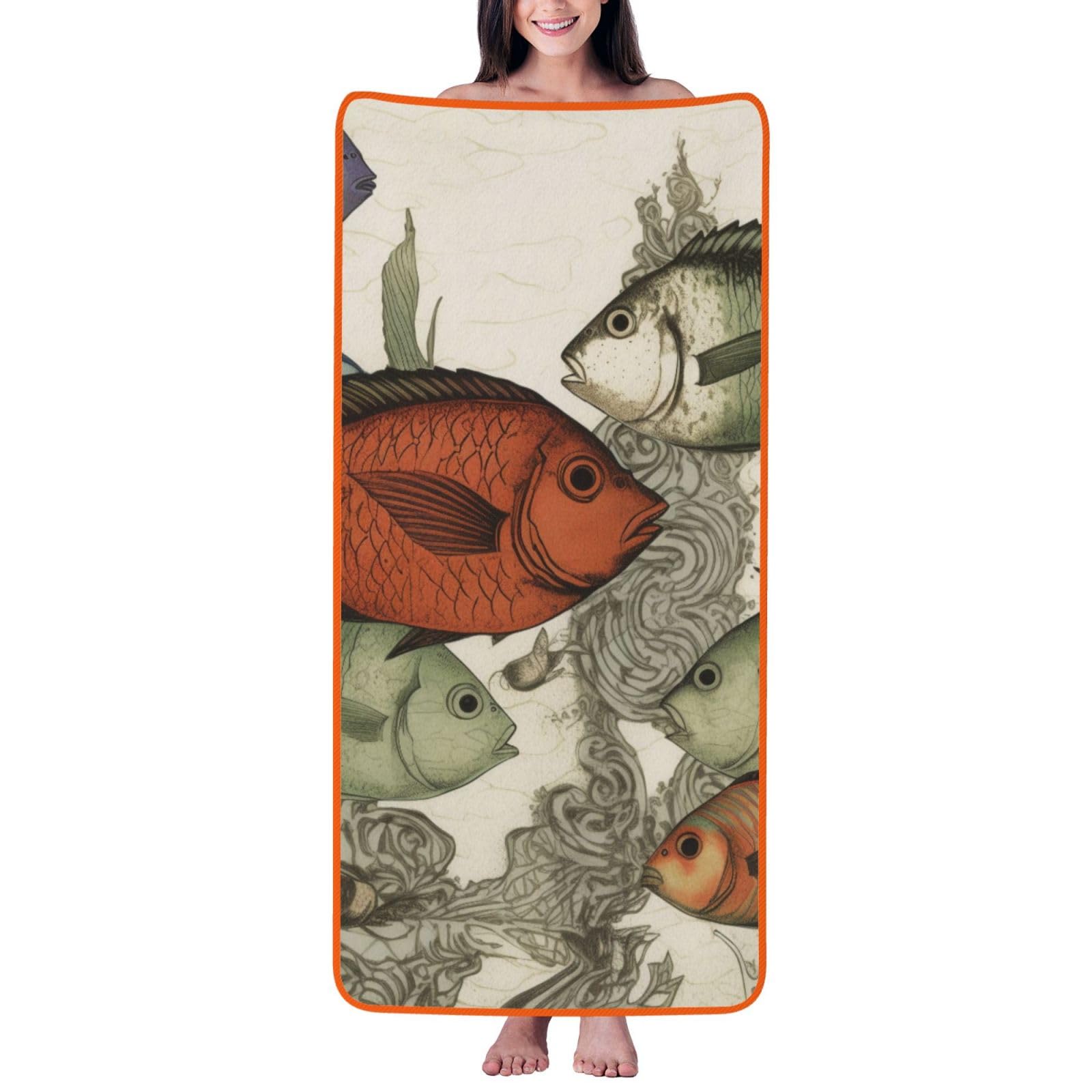 WPKJU Fish Printed Bath Towel with Orange Edging - 27x55 in Soft Extra Absorbent Coral Velvet Shower Towels for Bathroom