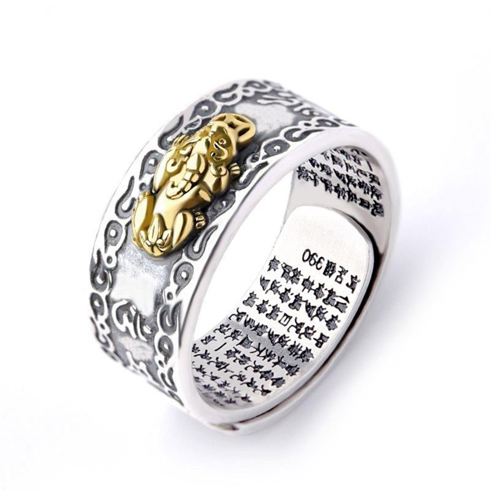 Feng Shui Pixiu Mantra Ring S925 Silver Buddhist Good Luck Amulet Mantra Double Protection Wealth Love Health Ring Gift for Men Women Adjustable,012