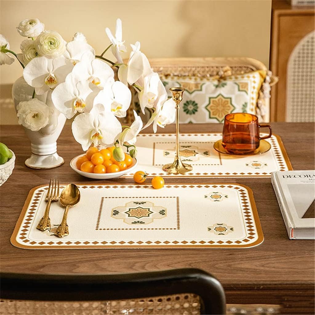 2 Pcs Retro Leather Table Place Mats Tableware Place Mat Heat Insullated Western Placemat(D)