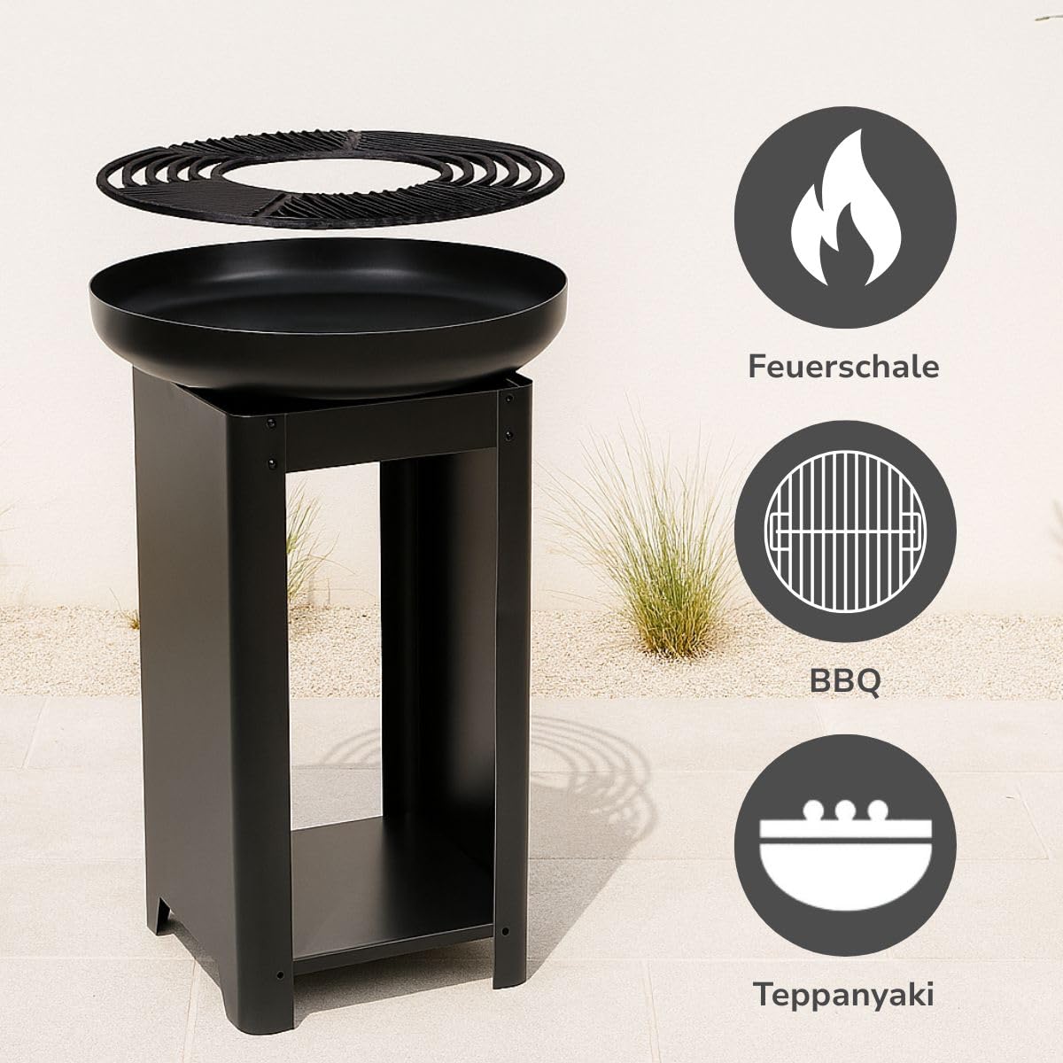 alpina 3-in-1 Feuerstelle und Grillplatte - Gartenkamin 61 x 90 cm - mit Teppanyaki-Grillplatte - Plancha Grill mit Brennholzaufbewahrung - Feuerstelle für den Außenbereich - Metall