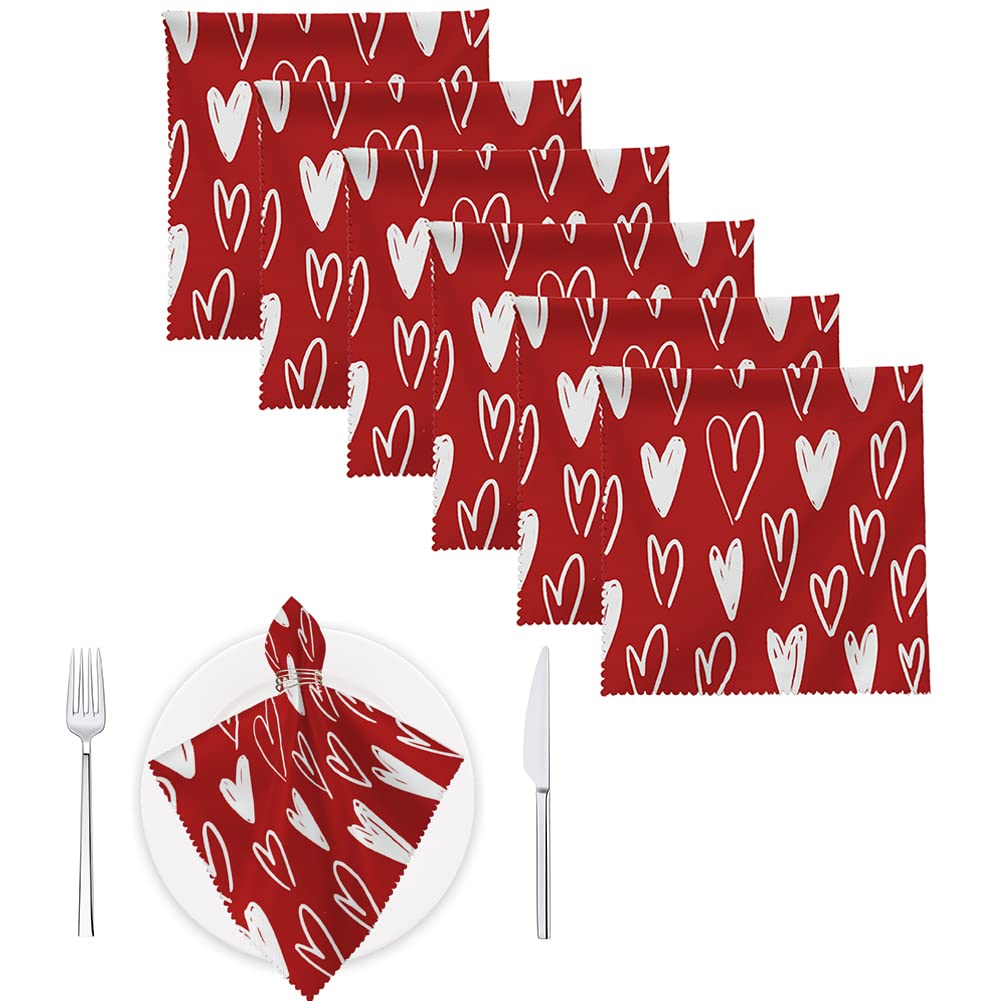 Qinqingo Valentine's Day Cloth Napkins Red and White Love Hearts Table Napkins Cloth Set of 6 Washable Polyester Fabric Cloth Napkins for Kitchen, Dinner, Wedding, Party, Holiday