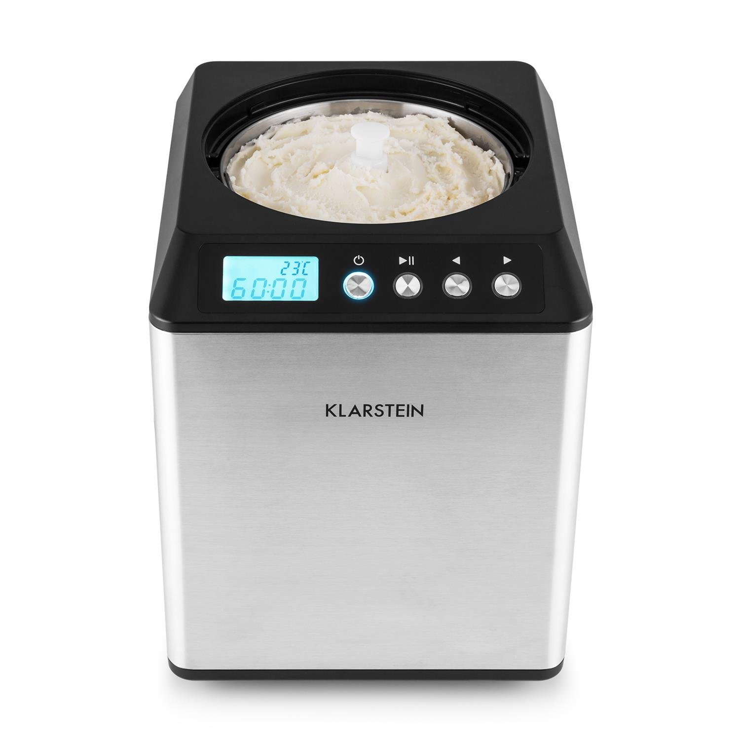 Klarstein Vanilla Sky Family - Eismaschine, Eisbereiter, Speiseeismaschine, Kühlhaltefunktion, LED-Display, Timer, Edelstahl, einfache Reinigung, 250 Watt, 2,5 Liter Fassungsvermögen, Silber