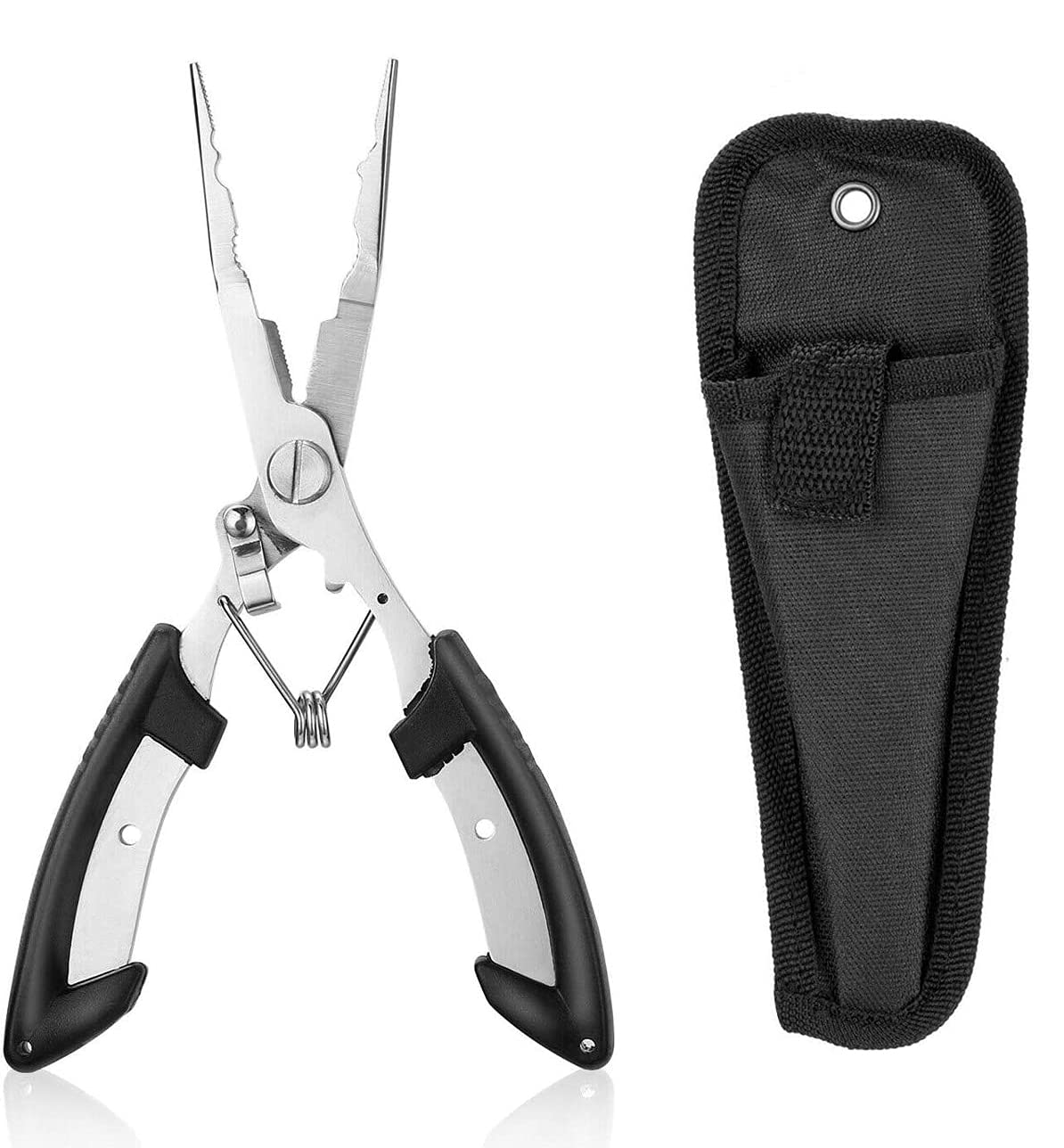 Fishing Pliers, Stainless Steel Split Ring Pliers with Corrosion Resistant Titanium Coating Rubber Handle, for Professional Saltwater/Fresh Water Fishing Pliers with Sheath Hook Remover Fish Holder