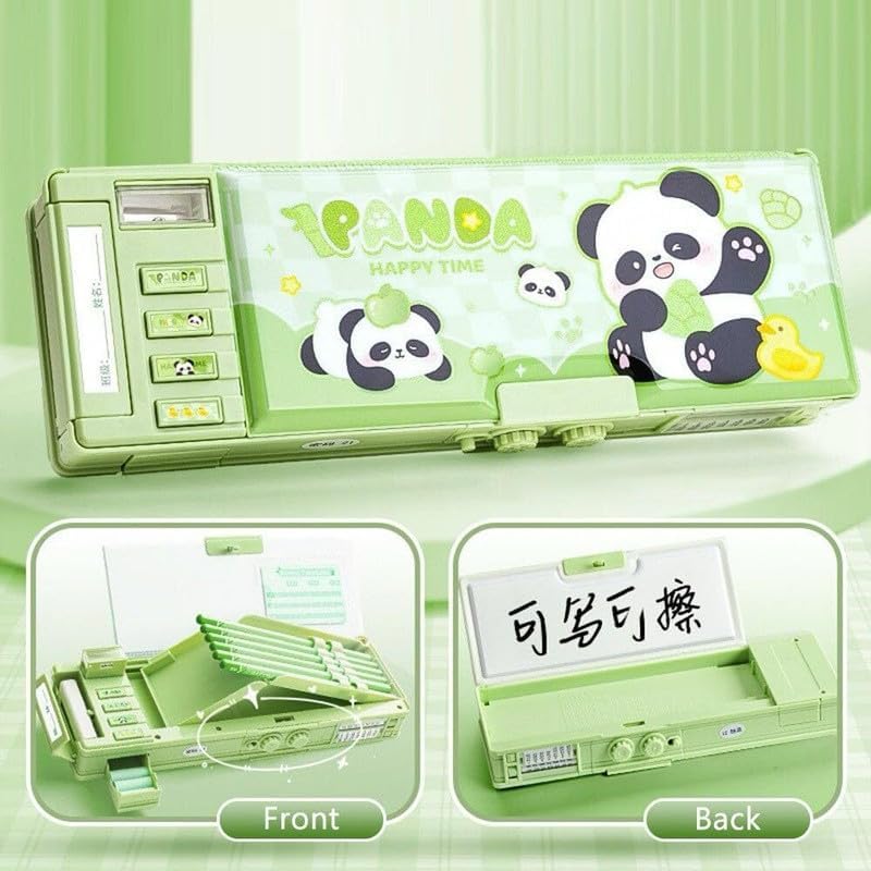 Image of New Cartoon Theme Pencil Box with Push Pull Eraser Set for Kids | Suitcase Style Password Lock Stationery Organizer | School Supplies Gift Combo for Boys & Girls (Panda Green Compass + Eraser)
