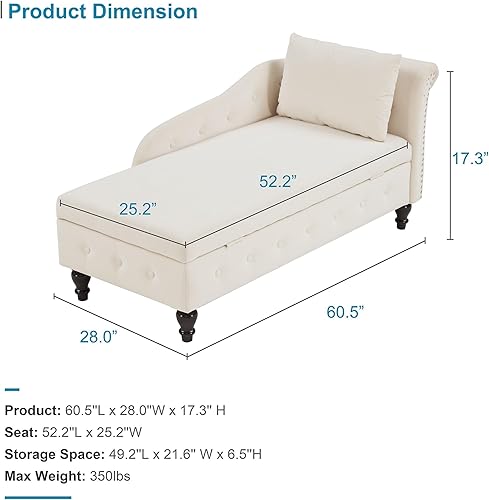 Miniatura 2 de Chaise Lounge para interiores con almacenamiento, sofá tumbona tapizado con almohada para sala de estar, moderna silla de descanso con ribete de