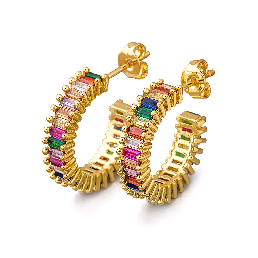 OUCHUANG14K Gold Plated Rainbow Baguette Cubic Copper Zirconia Colorful Stud Earrings Jewelry Gift For Women Girls