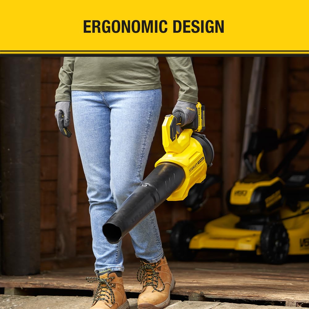 Stanley FATMAX V20 | Kit de soplador sin escobillas 18V 4.0Ah - Diseño con diseño de Ventilador axial, excelente Potencia hasta 177 km/h gatillo de Velocidad Variable, Modo Boost hasta