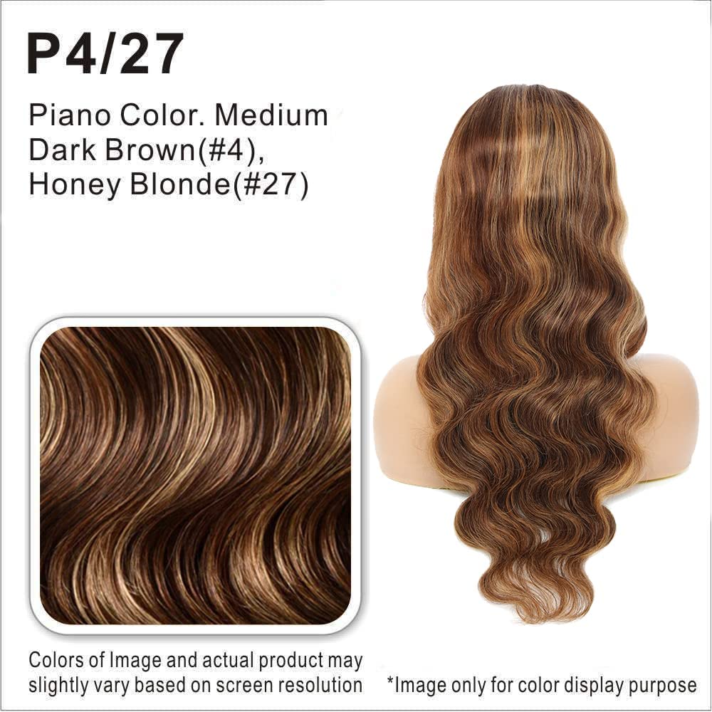 ALHER Small Cap Lace Front Wigs Human Hair 30 IN #4/27 Honey Blonde Highlight Body Wave 13X4 Lace Frontal Wig With Baby Hair 200% Density, Small Cap 21-21.5 Balayage Piano Colored Wig for Black Women