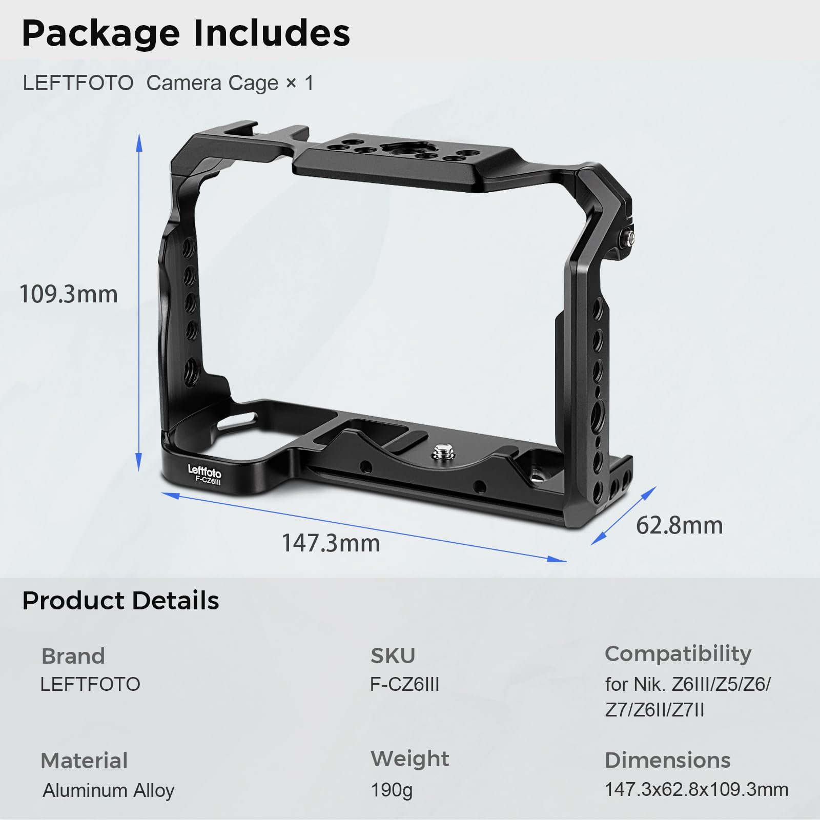 Leftfoto Cage pour appareil photo Nikon Z6III/Z5/Z6/Z7/Z6II/Z7II, cadre de protection avec base Arca, cage vidéo pour prise de vue vidéo Vlog
