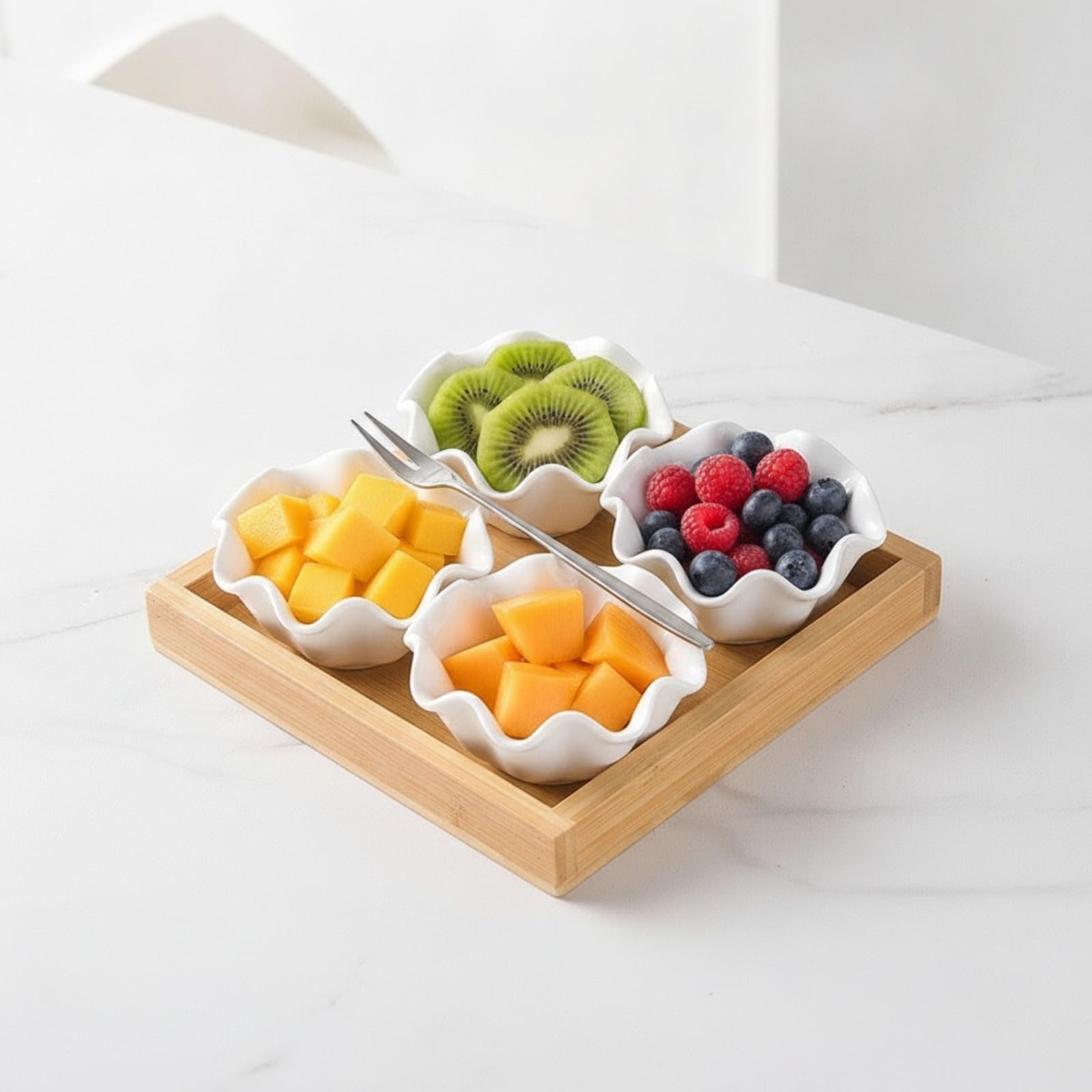 Banja Cerámica Blanca con Recipientes en Forma Dividido Plato Botanical Cerámica Brillante Vajilla para Reuniones Informales, 6 Cuadros