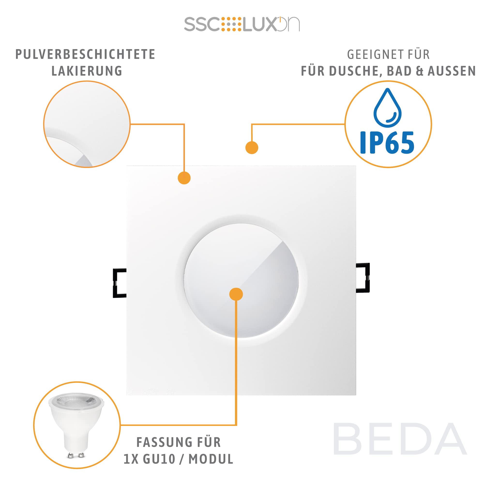 SSC-LUXon 6 Stück BEDA Rahmen Einbaustrahler IP65 flach für Bad & Außen - quadratischer & rostfreier Einbauspot weiß eckig