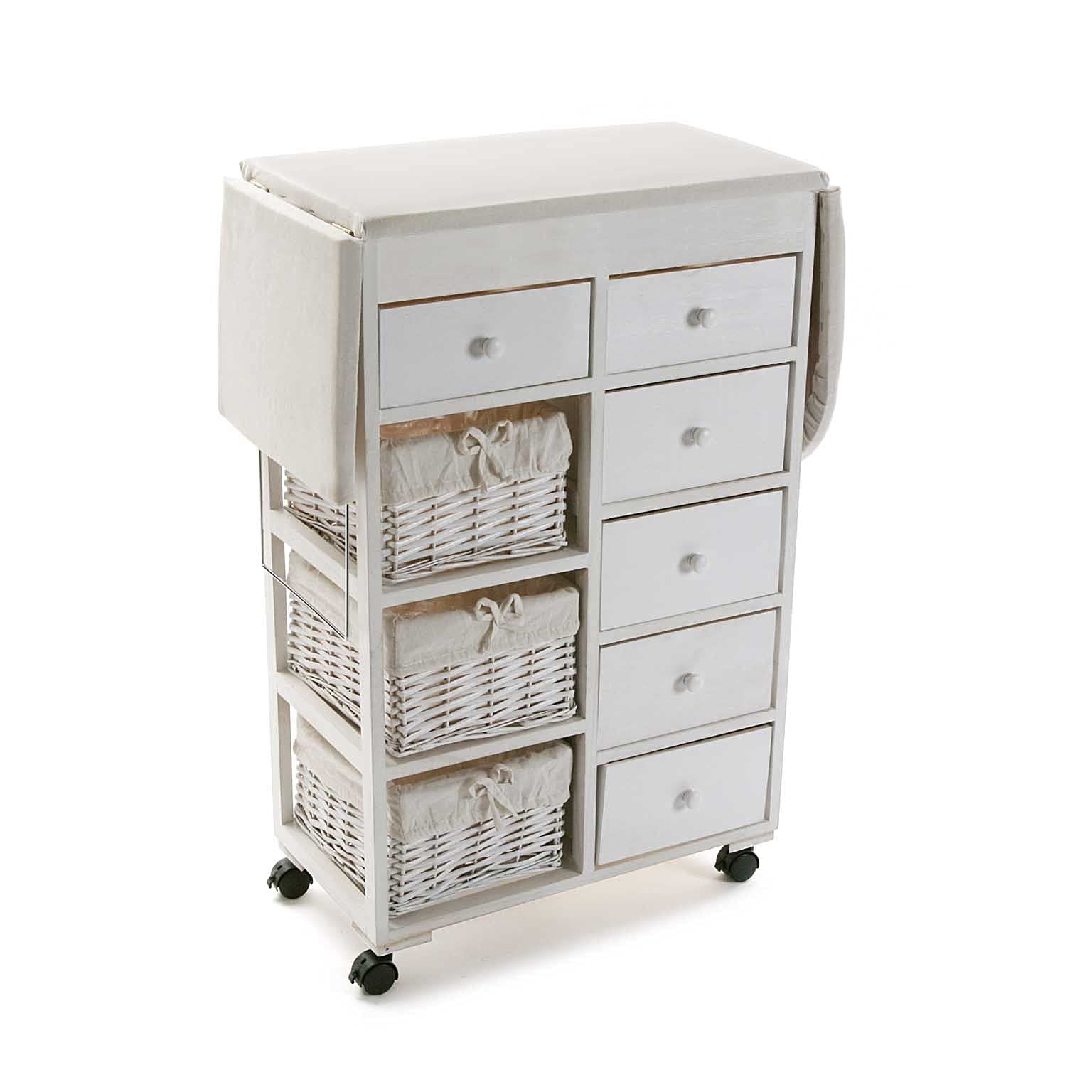 Mueble planchador blanco con cestos de mimbre y tabla plegable grande para ropa del hogar
