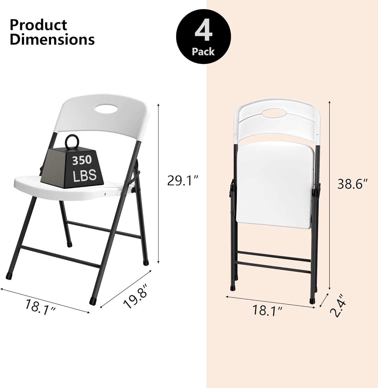 Plastic Folding Chair 4Pack, Portable White Folding Chairs, 350 lbs Capacity Heavy Duty Chair for Party, Event, Wedding, Camping, Patio, Home, Office