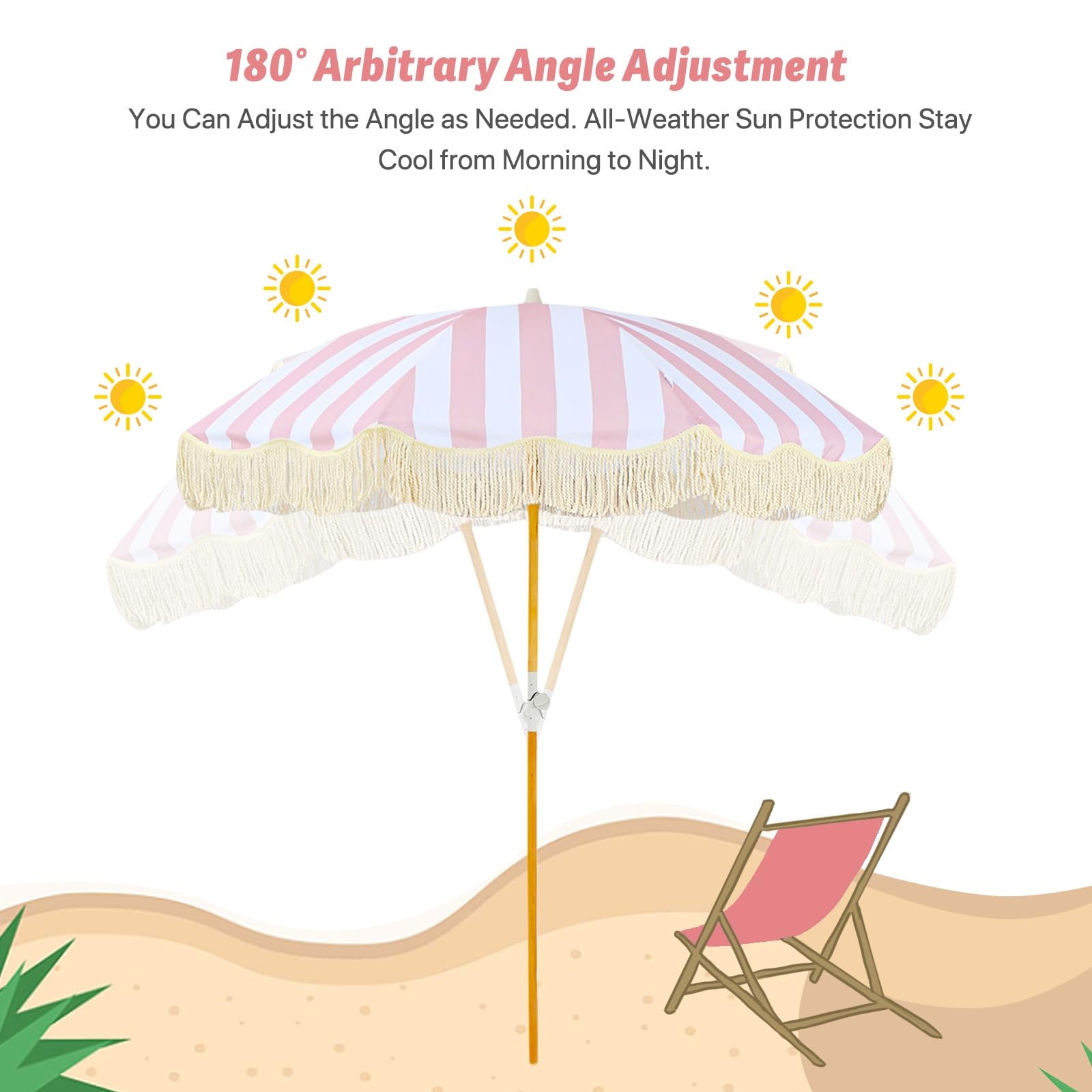 Parasol Plażowy Boho Z Frędzlami Parasole Ogrodowe Chroniące Przed Promieniowaniem UV Parasole Ogrodowe Z Pochyleniem 200 Cm Duży Parasol Ogrodowy Wodoodporny Parasol Balkonowy 8 Żeber (Color : Pink