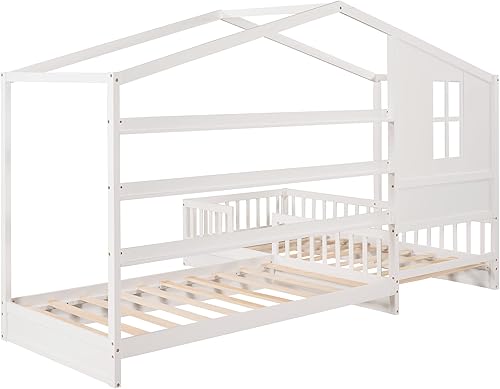 Miniatura 6 de Cama de casa en forma de L para 2 niños marcos de cama doble individual para niños con techo ventanas valla y diseño de listones cama doble