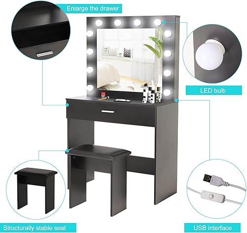 Miniatura 6 de roleAjim Juego de tocador con espejo iluminado y taburete tocador de maquillaje negro con cajones 315 pulgadas de largo x 157 pulgadas de ancho x