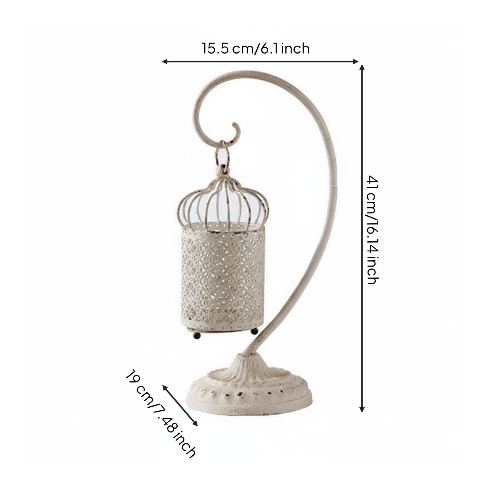 Portavelas Decorativo Farol Colgante Linterna Soporte Gancho Curvo Hierro con Base Estable Cuerpo Cilíndrico con Calados Florales Ilumina con Dibujos, Blanco