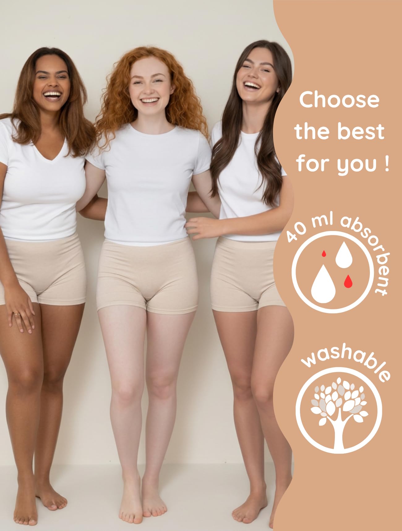 NoBlood - Zestaw 3 bokserów menstruacyjnych beżowych obfitych przepływów XXS-6XL – Majtki na menstruację w kolorze cielistym