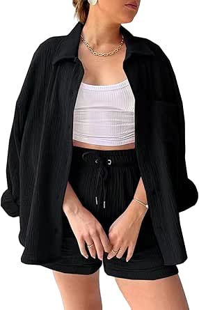 2 Piece Set For Teen Girls - Oversized Button Down Shirt & High Waist Shorts, Cotton Linen Fall Sweatsuit