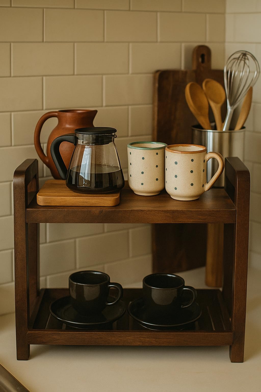 Woodraas- 2-Tier Wooden Wooden Free Standing Organizer|Display Snacks, Fruits & Desserts | Kitchen & Dining Organizer| Bathroom Storage Rack |Brown Finish |Towel Organiser Stand, Self Assembly