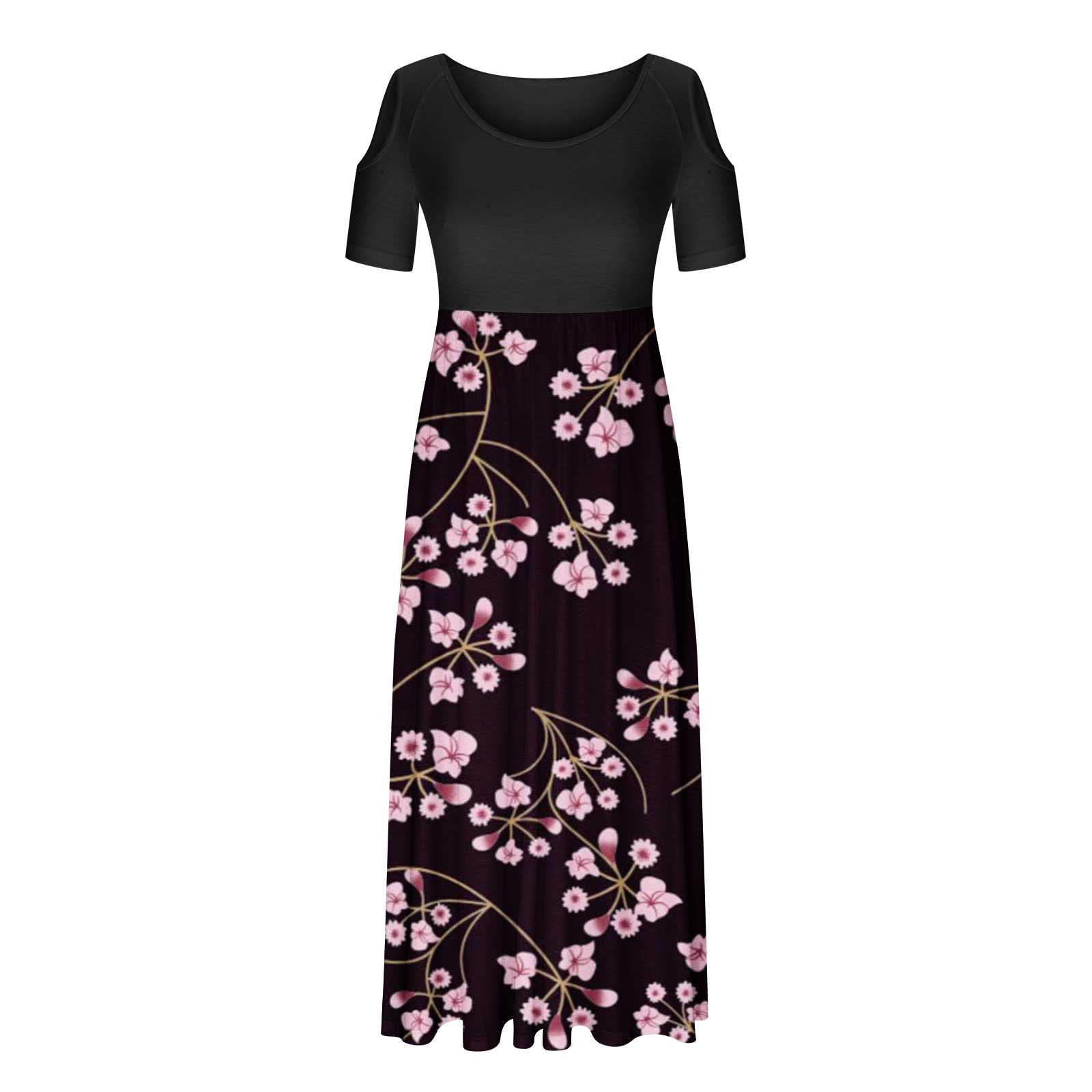 Damen Kleid Lang Damen Elegant Cold Shoulder Drucken Rundhals Boho Schwingen Maxikleid Lässige Kalte Schulter Freizeitkleid mit Hoher Taille Slim Kurzarm A-Linie Lange Strandkleid Sommerkleid