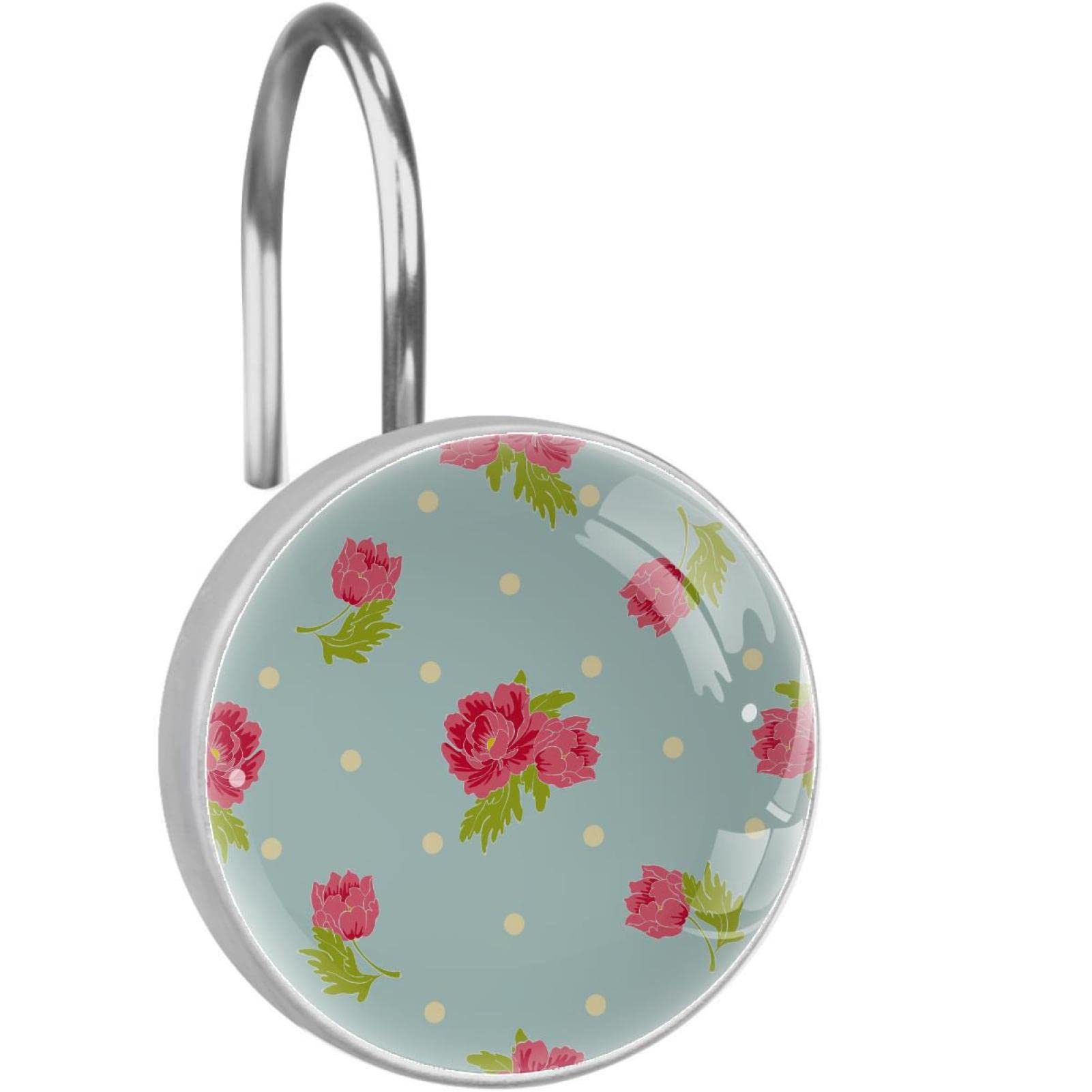 Crochets rideau de douche inox avec décors de fleurs roses et feuilles vertes, lot de 12