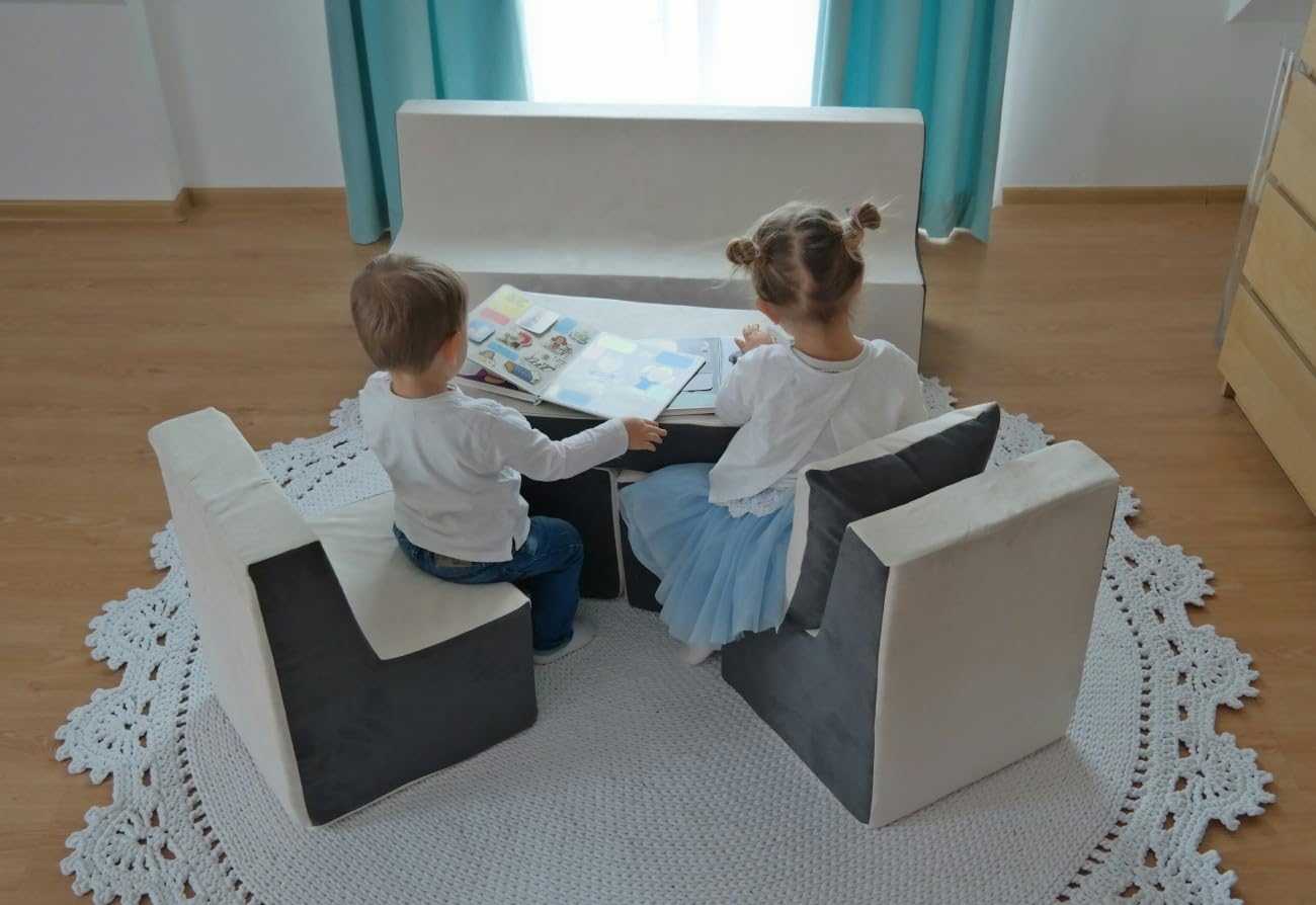 Velinda Kindersitzgruppe: Kinderstuhl+Sitzbank+Liegestuhl Kinderzimmermöbel Spiel-Set (Farbe: beige-grau)