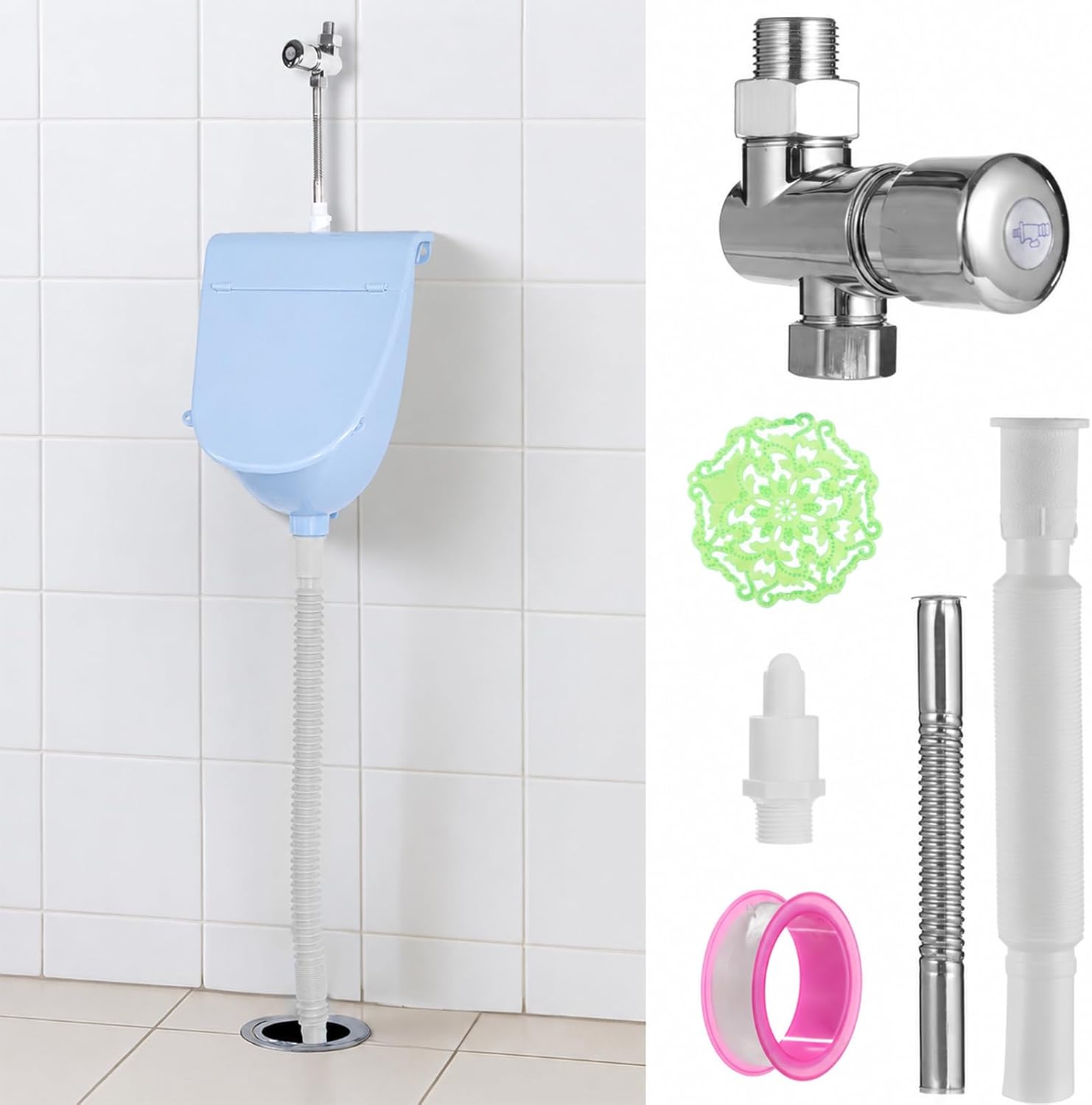 Wall Mounted Urinal with Cover, Plastic Small Urinal with Complete Flush Valve Kit, Commercial Urine Diverter, Outside Toilet with Lid for Bathrooms, Apartments, Garages, RVs, Blue