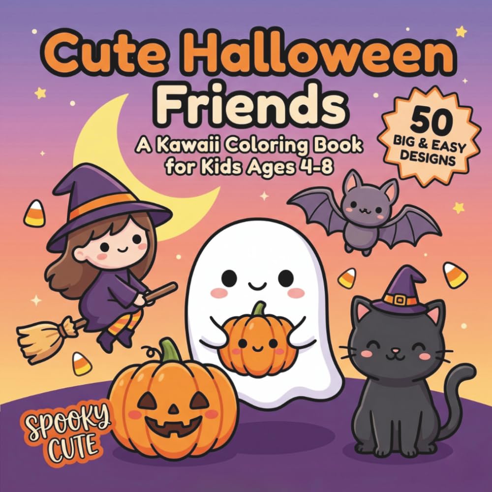 Cute Halloween Friends: A Kawaii Coloring Book for Kids with 50 Bold & Easy Spooky-Cute Designs of Friendly Ghosts, Pumpkins, Witches, Bats, Vampires ... Pages (Cute Seasonal Friends Collection)