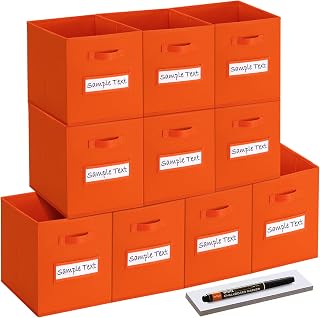 artsdi 13x13 storage cube bins (Set of 10) Foldable Fabric storage cubes with 10 Labels Window Cards & a Pen,13 inch cube storage bins,Closet Organizers for Shelves,Cubby Organizer Boxes,Orange