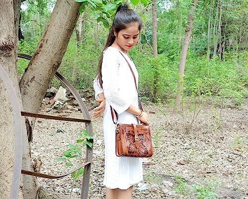 Handmade Wooden Finish Leather Crossbody Sling Bag for Women (Brown) | Top Grain Leather Hand Bags for Women's Crossbody Purse2