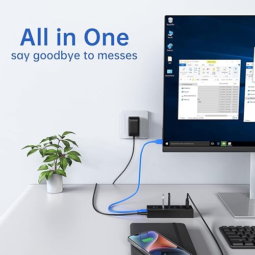 Miniatura 8 de Concentrador USB 3.0 alimentado, RAOYI 6 puertos USB 3.0 de alta velocidad con adaptador de corriente de 24 W, cable de 3.3 pies y cargador rápido