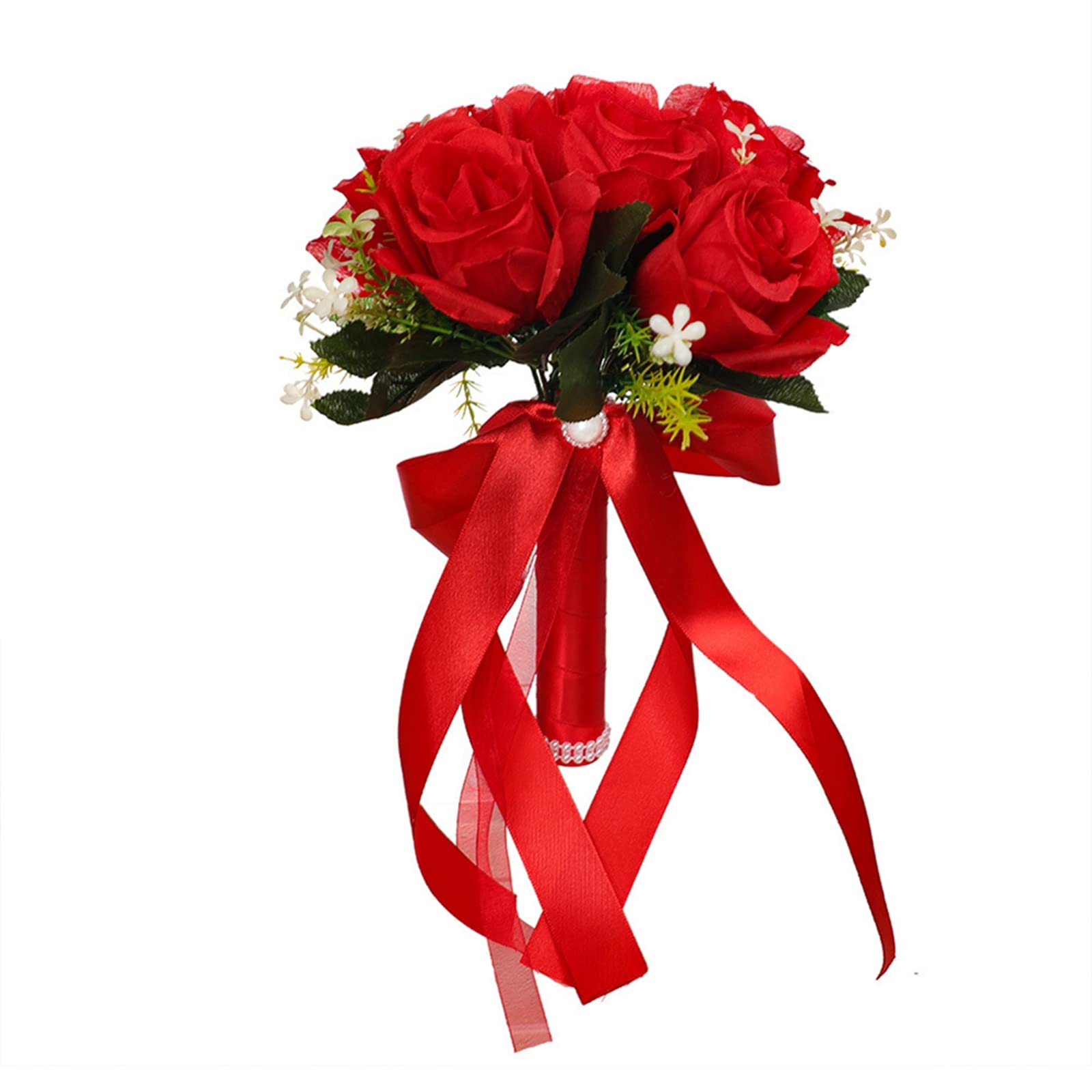 Jstdoit Red B Bridal Bouquet For Brides Bridesmaids, Wedding Bouquets With Ribbon Holding Flowers Artificial Rose Flowers For Wedding Valentine's Day Church Party